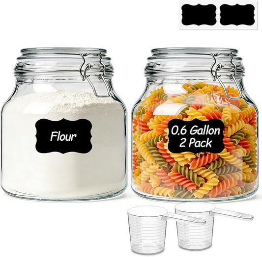 ComSaf 2 Pack 74 oz Glass Jars with Airtight Lids, Large Glass Storage Containers for Pantry,Wide Mouth Storage Jars for Flour Sugar & Pickling Meal Prep, Includes Labels & 120ml Measuring Cup