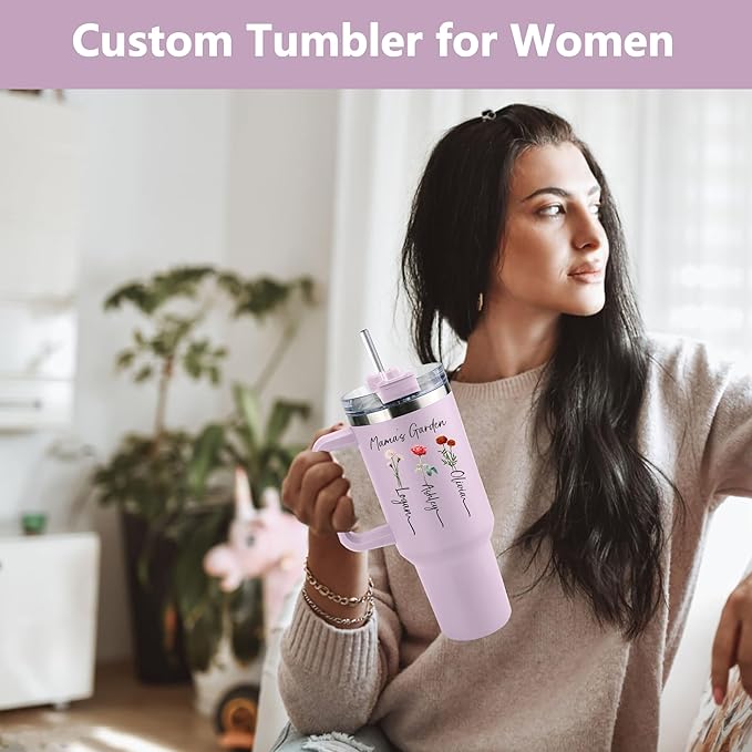 Ships Next Day,Birth Flower 40 Oz Tumbler with Handle and Straw, Personalized Tumbler with Name Insulated Cup Reusable Stainless Steel Water Bottle Travel Mug Christmas Birthday Gifts for Women