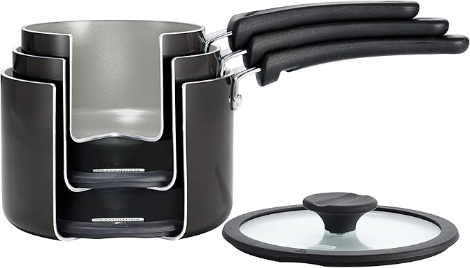 Tramontina Ceramic Non Stick 6-Piece Nesting Sauce Pan Set with Lids - Stackable Nonstick Cookware Set, Dishwasher and Oven Safe, Dark Gray
