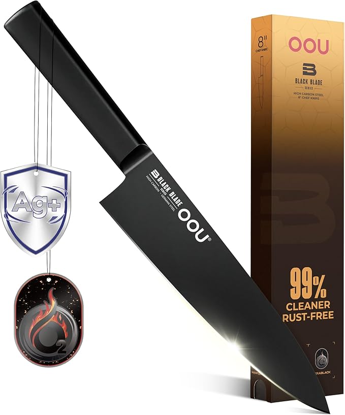 OOU® Black Blade 8 Inch Chef Knife with AgShield™ & Cerablack™ Technology, Rust-Resistant & Easy-Clean Finish, High Carbon Stainless Steel for Meat & Vegetables