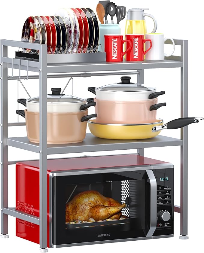 PUSDON Microwave Oven Rack, Adjustable Shelf Organizer 3-Tiers with 3 Hooks, & 160lbs Capacity for Kitchen Counter, Silver Grey