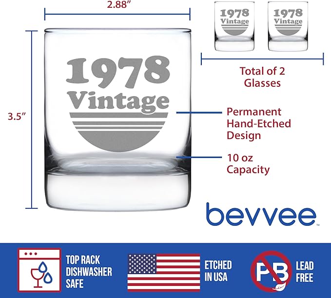 Bevvee Vintage 1978 Whiskey Rocks Glass - 48th Birthday Gifts for Men & Women Turning 48 - Old Fashioned Bday Decor - Set of 2-10.25 oz