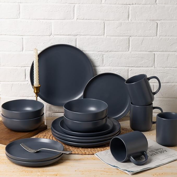 12-Piece Stoneware Dinnerware Set with Mugs | Microwave and Dishwasher Friendly | Stackable Matte Glaze Plates & Bowls | Service for 3 (Blue for 3)