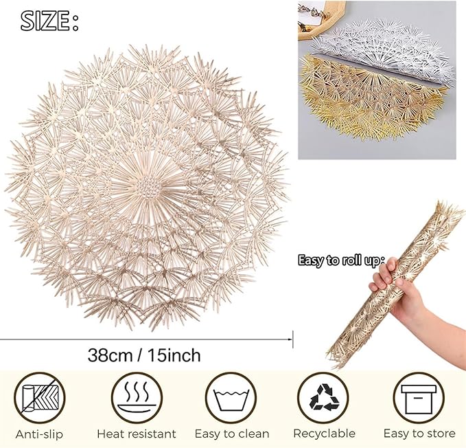 Placemats Elegant Tablemats Dandelion Flower Shape Placemats Place Mats for Kitchen Dining Table Holiday Wedding(Gold,4Pcs)