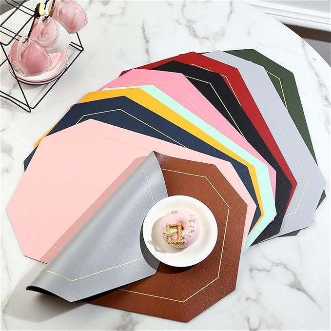 Placemat for Dining Table Waterproof Non-Slip Octagonal Leather Place Mat Kitchen Accessories Coaster Cup Pad Two Sided Color(Yellow)