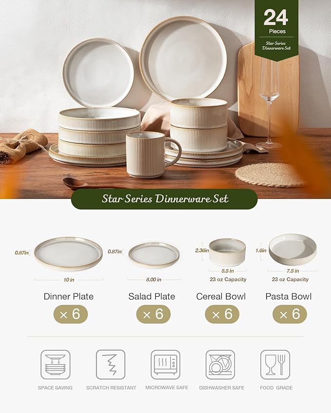 Famiware Star Dinnerware Set with Pasta Bowls, Service for 6 (24 Pieces), Ribbed Stoneware Plates and Double Bowls Sets - Chip & Scratch Resistant, Microwave & Dishwasher Safe Dishes, Cappuccino White