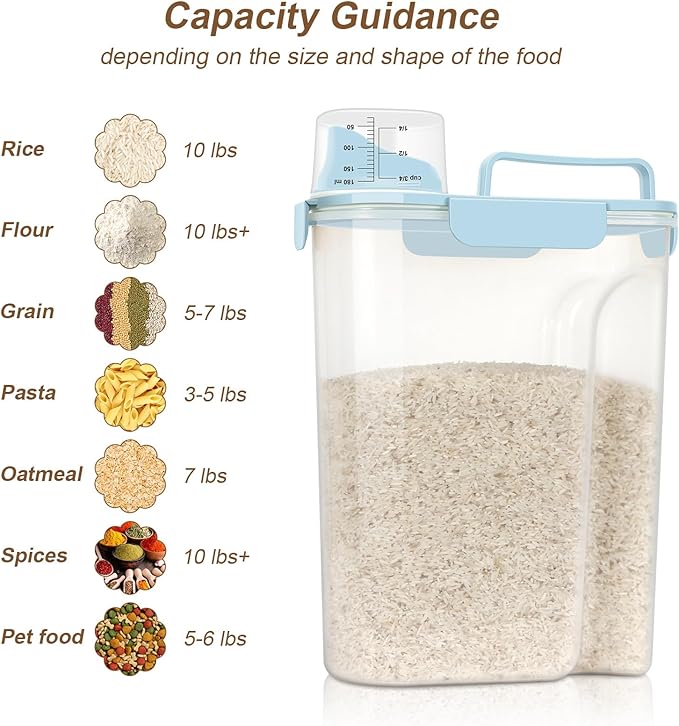 3+6Qt Rice Storage Container Upgraded Large Nozzle BPA-free, With 4 Sealed Clasps, 1 Measuring Cup and Handle for Snacks, Rice, Grains, Flour, Sugar, Pet Food, Etc-Elegant Blue 2Pack