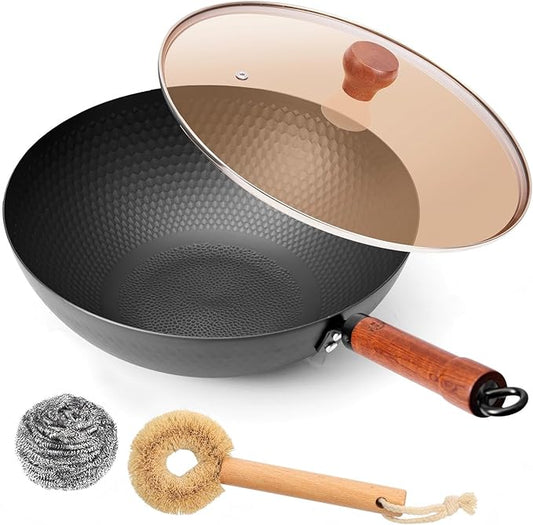WANGYUANJI 12.6" Iron Wok with Lid, Flat Bottom Nonstick Wok Pan with Detachable Wooden Handle, Chinese Stir Fry Pan for Induction, Gas and Electric Stoves