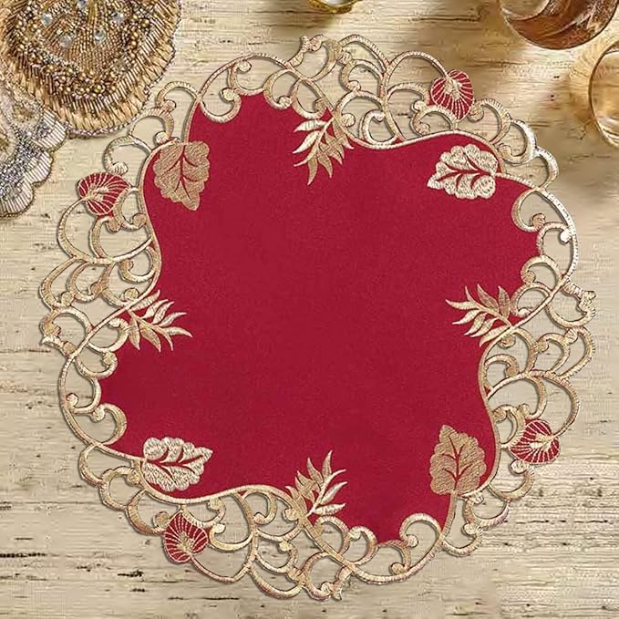 Decozen Set of 4 Doilies for Table, Lace Doilies Rustic Farmhouse Kitchen Dining Table Centerpiece Decor, 15 Inch Gold Burgundy Round Placemats for Home, Valentines Day Gifts, Valentines placemats