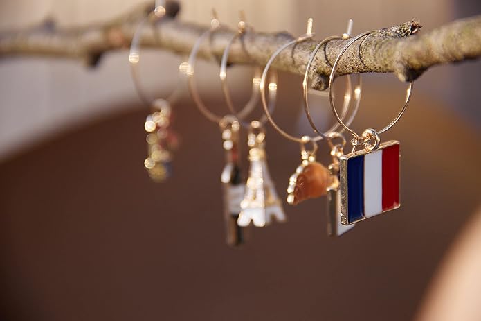 Serendipity France Wine Glass Charms, France Gift, French Glass Identifiers, Charms Include Paris Eiffel Tower, French Wine, Parfume, Flag and Croissant