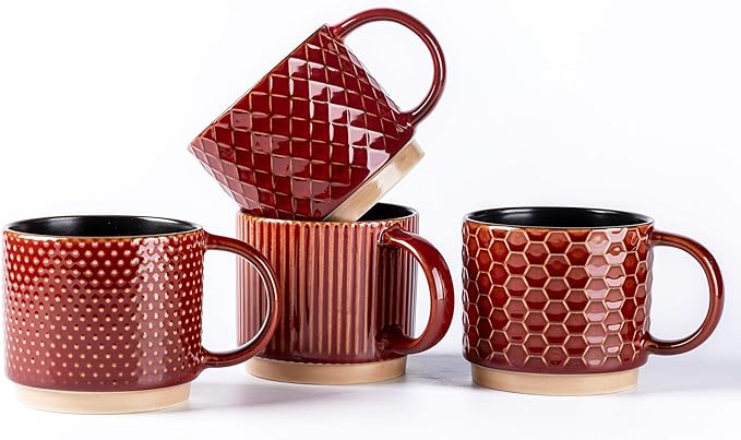 GBhome 6 OZ Stackable Coffee Mugs, Ceramic Coffee Mugs with Texture Patterns for Man,Woman,Dad,Mom, Modern Coffee Cups Set of 4 for Espresso/Cappuccino/Cocoa. Dishwasher&Microwave Safe,Red