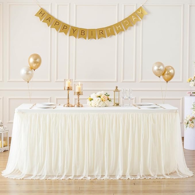 Suppromo Ivory Tulle Tablecloth for 8 Foot Rectangular Table 8ft Ivory Rectangle Table Cloth Wrinkle Free Tablecover with Tutu Skirt for Wedding Birthday Party Bridal Shower Banquet Buffet Cake Event