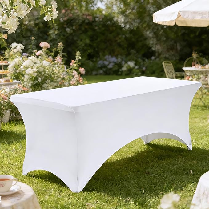 VidaFVidaFete Spandex Tablecloth 2 Pack 4FT, Fitted Stretch Table Cover for Rectangle Tables, Wrinkle Resistant and Washable Tablecloths for Outdoor, Picnic, Party, Wedding, Banquet, Birthday, White