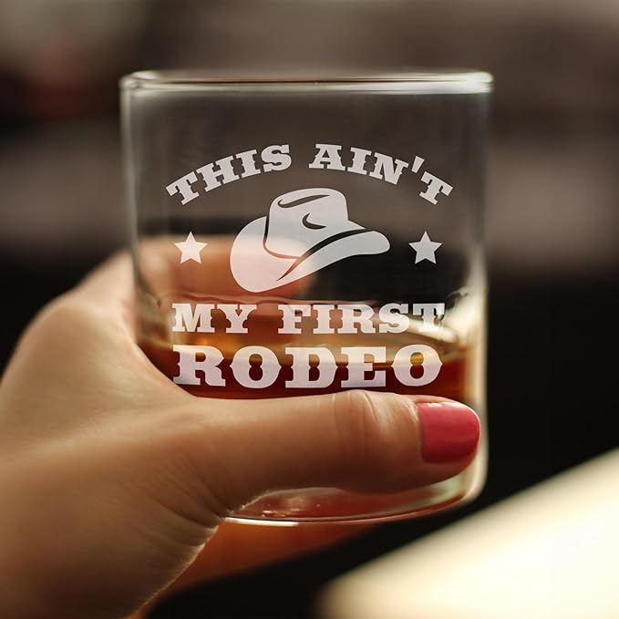 Bevvee Ain't My First Rodeo - Whiskey Rocks Glass Gift - Funny Cowboy or Cowgirl Gifts for Men & Women - Engraved Sayings