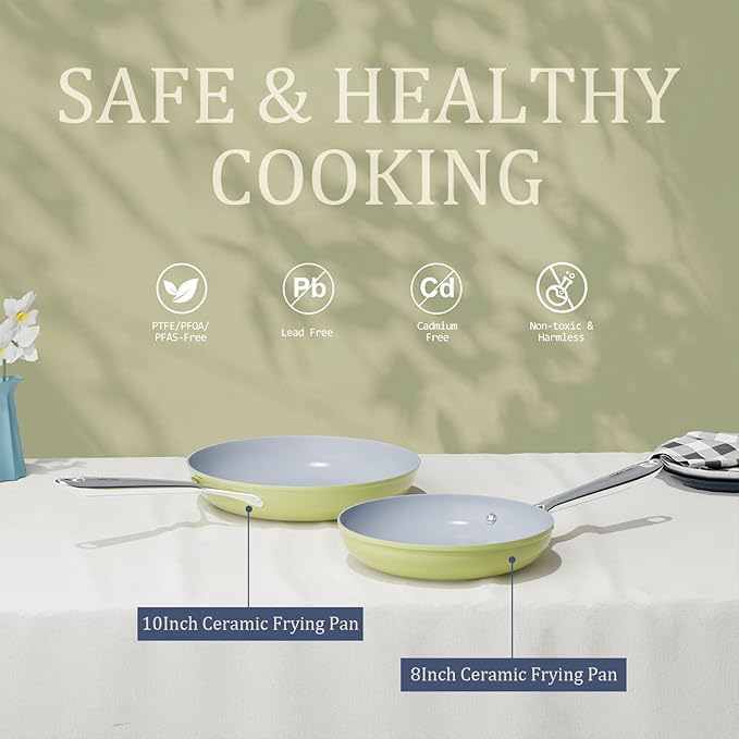Nonstick Ceramic Frying Pan 8 inch for All Stovetops, PTFE/PFOA/PFAS Free, Even Heat Distribution Oven Safe up to 500°F, Healthy Non Toxic Skillet w/ Ergonomic Stainless Steel Handle, Olive Green