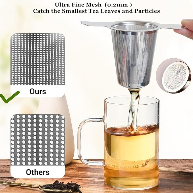 3Pcs Extra Fine Mesh Tea Infuser Steeper Basket with Lid/Drip Tray for Loose Leaf Tea Rooibos, 304 Stainless Steel Tea/Coffee Strainer Filter with Big Capacity＆ Extended Handles, Fit Cup/Teapot/Jar