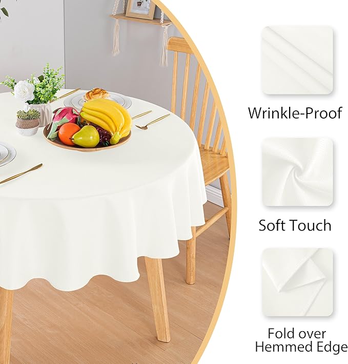 Hiasan Round Textured Tablecloth 50 Inch - Waterproof Spillproof Antiwrinkle Jacquard Table Cloth, Decorative Polyester Table Cover for Kitchen, Outdoor Picnic, Holiday and Parties, Ivory