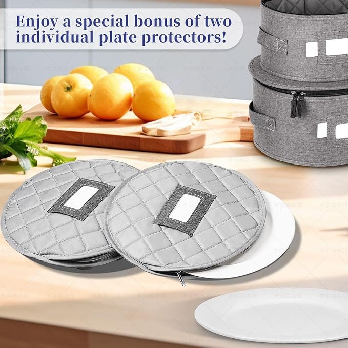 LUXULA China Storage Containers for 12 Place Setting with Two Plate Bags, 5 Pcs Hard Shell Quilted China Storage Cases for Dinner Plates, Salad Plates, Dessert Plates, Saucers, Cups & Mug Storage