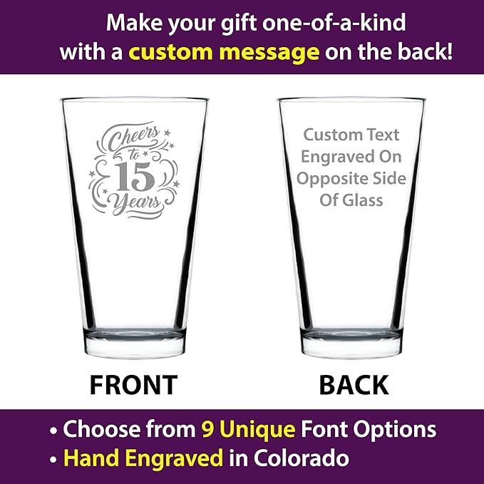Custom Cheers to 15 Years - Pint Glass for Beer - Gifts for Women & Men - 15th Anniversary Party Decor - 16 Oz Glasses