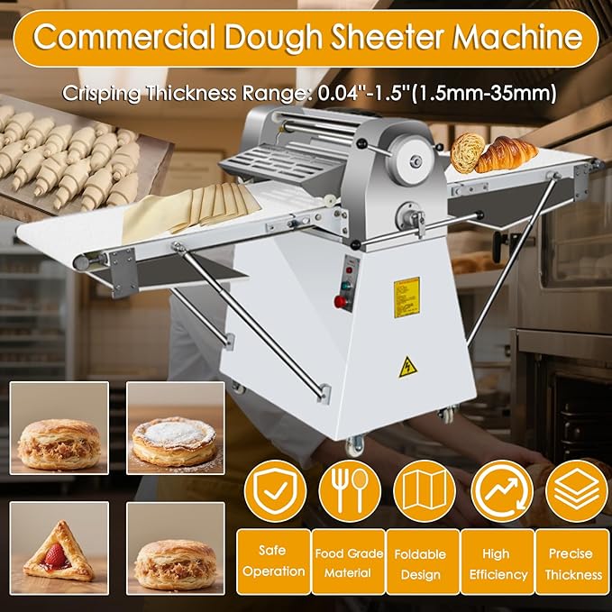INTBUYING Electric Dough Sheeter Machine 20x80.9'' Belt Reversible Puff Pastry Roller Sheeter Croissant Bread Dough Flatten Presser Stainless Steel Danish Maker Folding Sheeter for Bakery 220V/60HZ