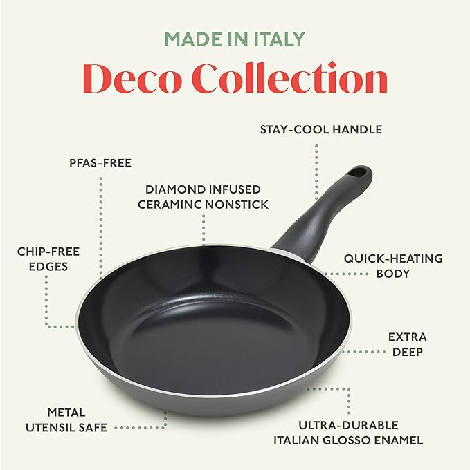 Deco 8” Nonstick Frying Pan Skillet, Made in Italy, Diamond Ceramic PFAS-Free, Dishwasher & Metal Utensil Safe, Durable Gloss Enamel Finish, Stay-Cool Handle, High Walls-Extra Room, Gray