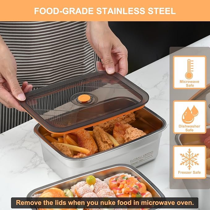 3 Pack Food Storage Containers with Lids, Stainless Steel Fridge Storage Containers Airtight Leak-Proof Metal Storage Containers for Food Leftover Storage at Home or for Camping Trip Road Trip (3 Pcs)