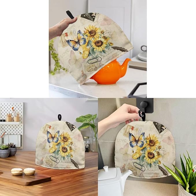 Tea Cozy for Teapots with Handle, Vintage Butterfly & Sunflower Print Dust Insulated Cover, Hanging Fold-Up Design, Suitable for Kitchen and Living Room Table Decoration