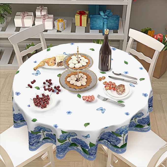 Spring Summer Round Tablecloth 60 Inch Easter Blue Hydrangea Watercolor Floral Butterfly Polyester Table Cloth Cover Rustic Farmhouse Decoration for Holiday Party Kitchen Dinner