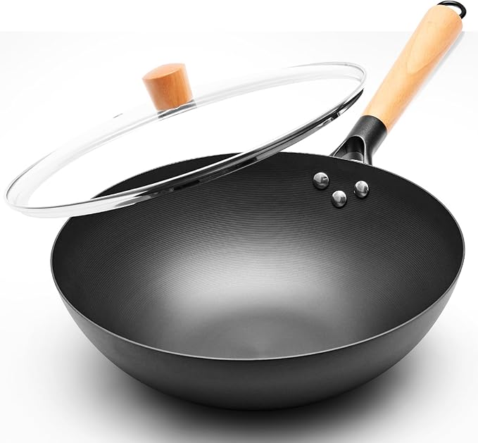 12.6" Carbon Steel Wok Pan, Flat Bottom Stir Fry Wok with Spiral Thread Interior, Coating‑Free Naturally Seasoning Wok, Compatible with Gas, Electric & Induction Cooktops