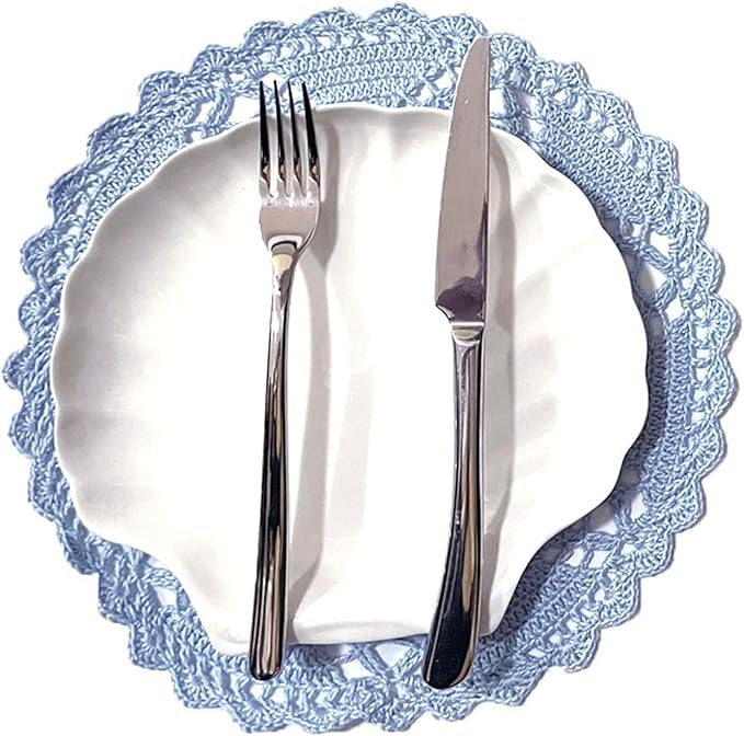 BIBITIME 11 to 12 inches Lace Placemats Table Doilies Round Handmade Crochet Doily Kitchen Cup Mug Mats Coasters (Light Blue,1PC)