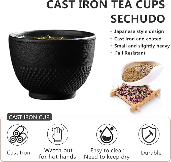 Japanese Cast Iron Tea Cups, Small and Heavy Teacups with no Handles, Japanese Style Cups for Adults, Asian Tea Cups, Coated with Enameled Interior, 4 Pcs/Box (Black, 5oz/150ml)
