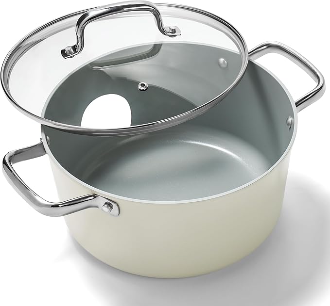 Ceramic 5 Qt Nonstick Stock Pot with Lid, Soup Pot, Easy to Clean Non Stick Pasta Pot, PFOA PFAS PTFE Free, White