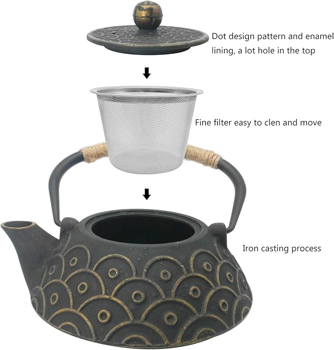 InnoLife Cast Iron Teapot with Stainless Steel Infuser, Japanese Tea Pot for Loose Leaf, Tea Kettle with Enameled Interior, Fish Scale Pattern 900ml/30oz