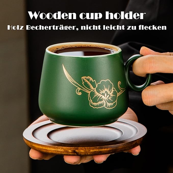 Yundu 10oz Cappuccino Cups & Wooden Saucers Set with Gold Floral Art, Latte Art Cup for Espresso, Coffee & Tea, Modern Matte Green Ceramic Tea Cup Set of 4
