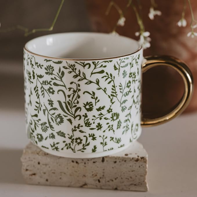 Sweet Water Decor Green Ditsy Coffee Mug, Vintage Green Floral Design with Gold Handle & Rim, 14oz Fine Bone China Tea Cup, Cottage Core Spring Collection, Cute Gifts for Mother's Day & Birthday