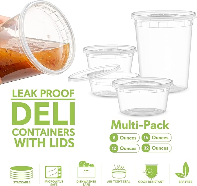 Combo Set 8, 8oz - 8, 16oz - 8, 32oz Plastic Deli Food Storage Containers with Airtight Flexible Lids Microwavable, Leak Free, Washable, Freezer Safe.