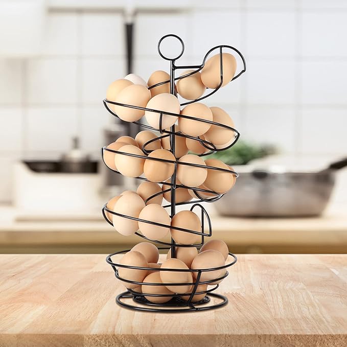 QUTREY Black Metal Egg Skelter with Storage Basket, Spiral Design Egg Holder for Large Egg for Countertop, Kitchen
