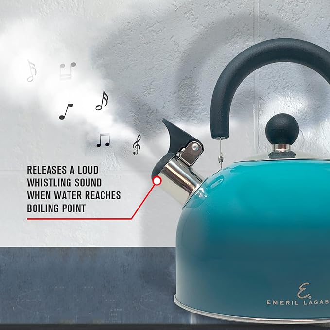 Emeril Lagasse 2.6 Quart/2.5 Liter Whistling Tea Kettle, Stainless Steel Tea Pot for Induction Stove Top, Fast to Boil Water for Home Kitchen Condo, with Ergonomic Cool Folding Grip Handle, Teal