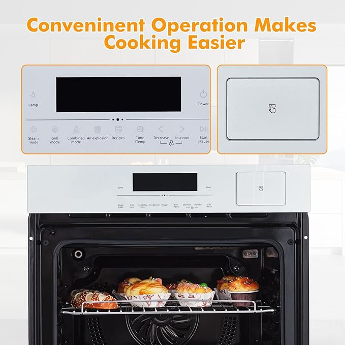24 Inch Stainless Steel Toaster Oven and White Air Fryer Combo: 70L Capacity, 3D Heating with Steam, Touch Control, Multi-Function Modes for Countertop Built-in Use