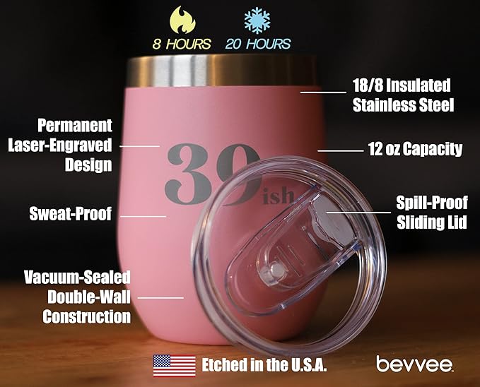 Bevvee 39ish - Funny 40th Birthday Wine Tumbler Glass with Sliding Lid - Stainless Steel Insulated Mug - Bday Party Decorations for Women Turning 40 - Pink