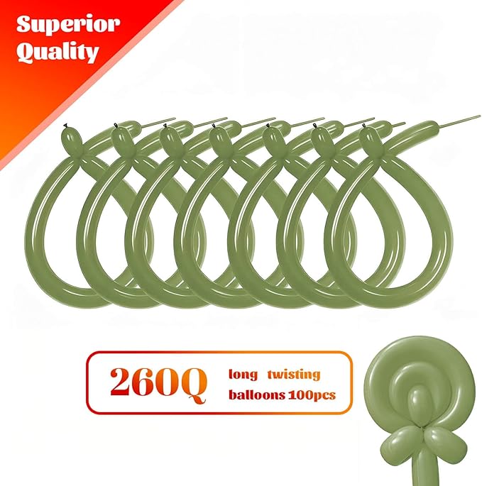 KAWKALSH 260 Avocado Green Long Balloons for Balloon Garland Thickening Skinny Latex Twisting Animals Modeling Christmas Birthday Wedding Party Festival Decorations 100pcs