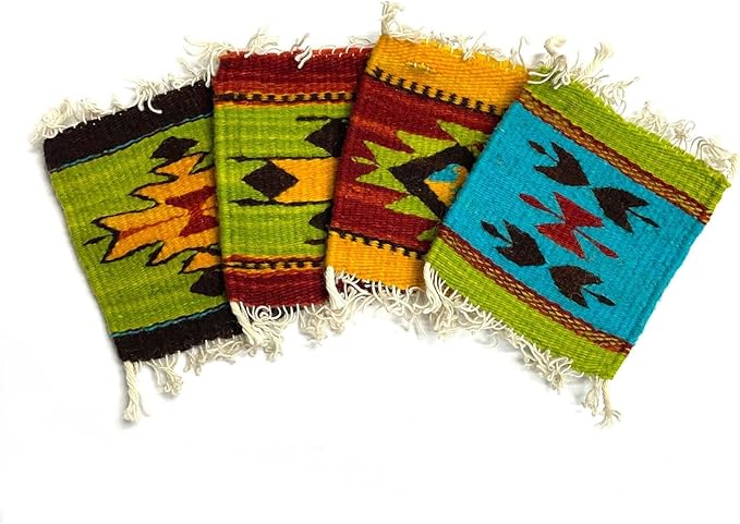 Woven Wool Coaster Set – Handwoven in Oaxaca, Mexico – Set of 4 Assorted Colors and Patterns – Artisan Made