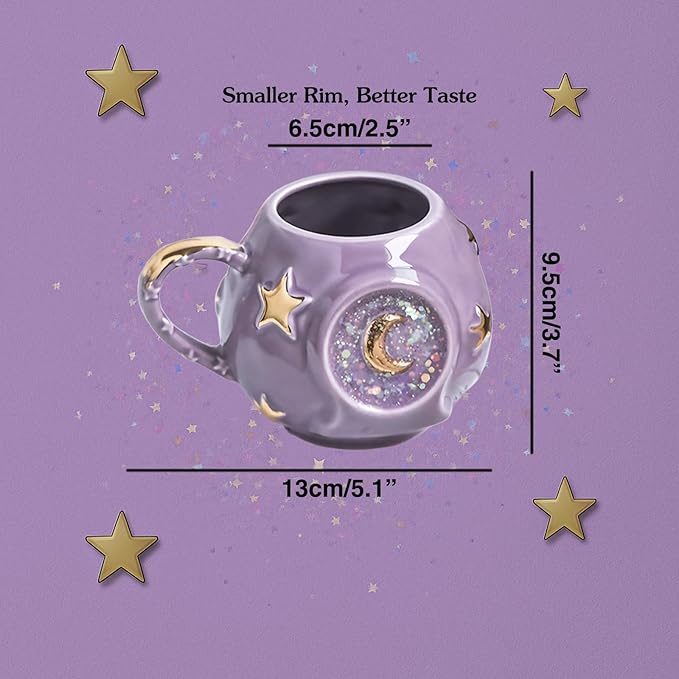 Handmade Coffee Cup 400ML with Fancy Tarot Star/Moon Design, Fashion Starry Sky Ice Coffee Cup, Gradient Pink Pottery Tea Cup for Home/Office (purple)