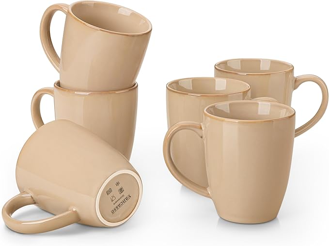 vancasso PLAYA Ceramic Coffee Mug Set of 6, 12 Oz Tea Cups with Handle for Latte, Tea, Cappuccino, Milk, Cocoa, Microwave&Dishwasher Safe, Brown
