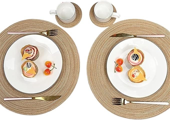 Farmhouse Braided Woven Placemats and Coasters Set Non-Slip Indoor Outdoor Coffee Kitchen Dining Table Mats(WP Blue,1 Set)