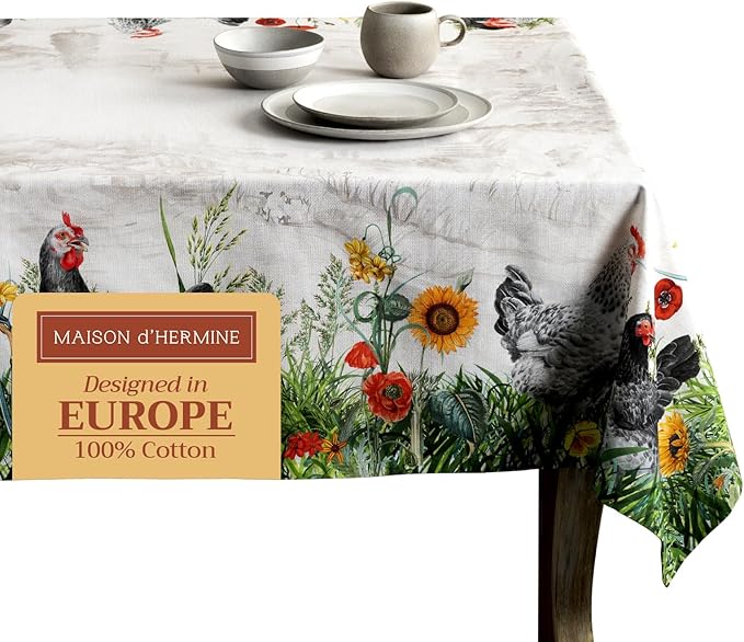 Maison d' Hermine Table Cloth Rectangle Table 100% Cotton 70 x 120 Inches Tablecloth Reusable Decorative for Dining Room Farmhouse Home Valentines Day Decorations Spring Summer - Basse Cour