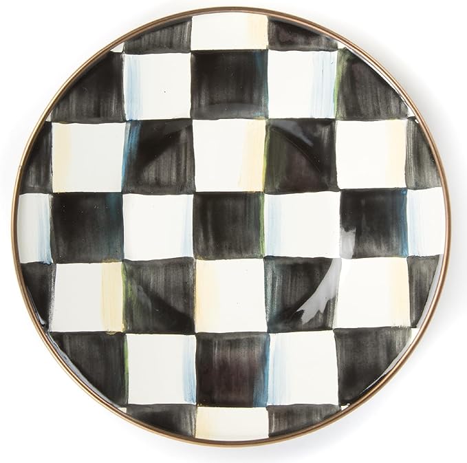 MACKENZIE-CHILDS Enamel Saucer, Small Enamel Plate for Teacups, Black-and-White Courtly Check