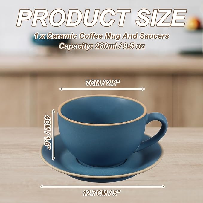 uxcell Handmade Vintage Espresso Cups, 9.5 oz Coffee Cups and Saucers Ceramic Tea Cup with Handle Dishwasher and Microwave Safe for Latte Cappuccino Milk Office Home Gifts, Morandi Blue