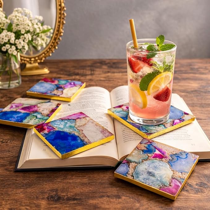 Set of 4 - Hanmade Luxury Natural Agate Stone Drink Coasters for Serveware, Wine Coasters, Table Decor, Housewarming Gift, Wedding Gift & Elegant Home Styling, Gifts for her, Table Organizers