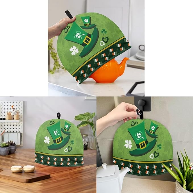 Tea Cozy for Teapots with Handle, St. Patrick's Day Shamrock & Irish Flag Print Dust Insulated Cover, Hanging Fold-Up Design, Suitable for Kitchen and Living Room Table Decoration